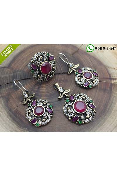 Yakut ve Zmrt Tal Otantik Gm Bayan l Set Stok Kodu:2017631