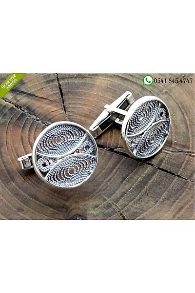 925 Ayar G�m�� �zel Tasar�m Oksitli Telkari El ��i Erkek Kol D��mesi Stok Kodu:2018920