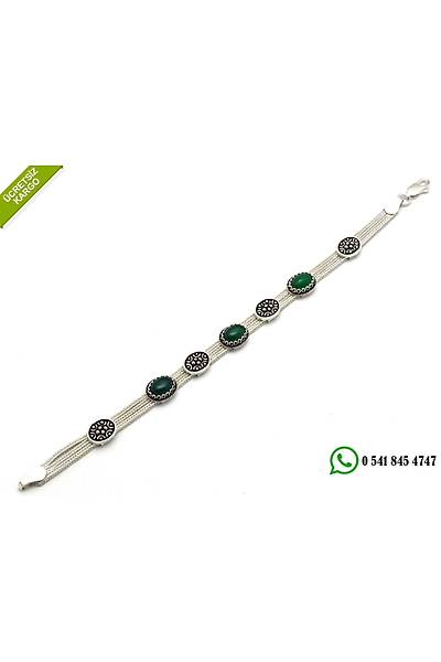 925 Ayar �zel Tasar�m Ye�il Akik Ta�l� El ��i Midyat Has�r� G�m�� Bayan Bileklik Stok Kodu:2018688