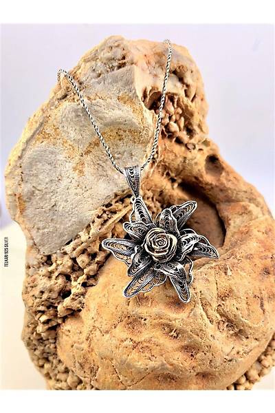 Telkari I�lemeli R�zgar G�l� Tasar�m G�m�� Kolye 21406