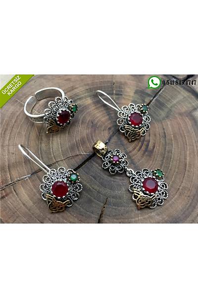 Osmanl Tural Yakut Ve Zmrt Tal Oksitli Telkari Gm Bayan l Set Stok Kodu:20172588