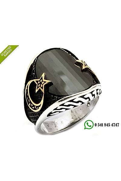 925 Ayar Gümüş Siyah Zirkon Taşlı Ayyıldız Model Erkek Yüzük Stok Kodu:2018429