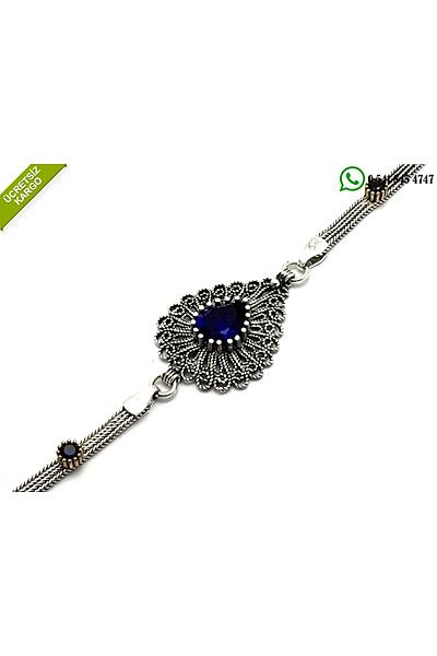 925 Ayar K�k Safir Ta�l� Damla Tasar�m Oksitli Telkari G�m�� Bileklik Stok Kodu: 2018584