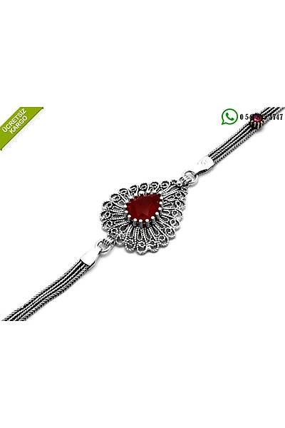 925 Ayar K�k Yakut Ta�l� Damla Tasar�m Oksitli Telkari G�m�� Bileklik Stok Kodu: 2018583