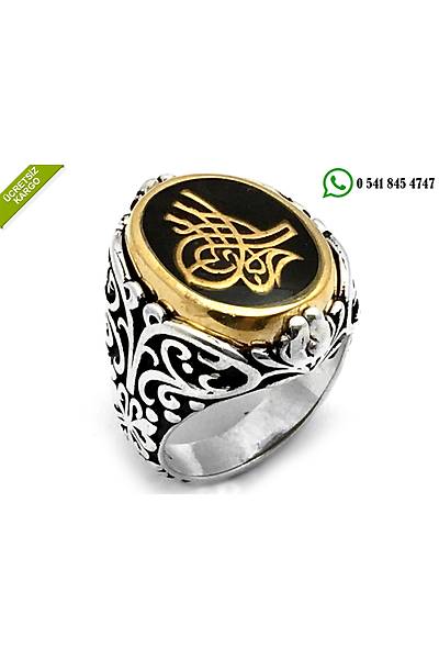 925 Ayar G�m�� �ift Tarafl� D�ner Siyah Mineli Osmanl� Tu�ral� Oniks Ta�l� Erkek Y�z�k Stok Kodu:2018370