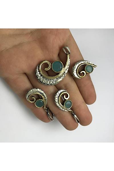 925 Ayar G�m�� Turkuaz Ta�l� Vav Tasar�m El ��i Otantik ��l� Set Stok Kodu:2019549