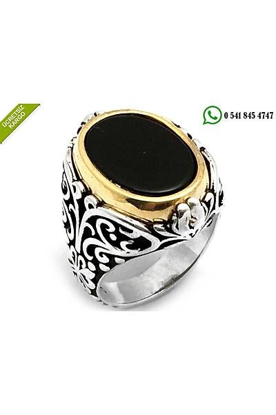 925 Ayar G�m�� �ift Tarafl� D�ner Siyah Mineli Osmanl� Tu�ral� Oniks Ta�l� Erkek Y�z�k Stok Kodu:2018370