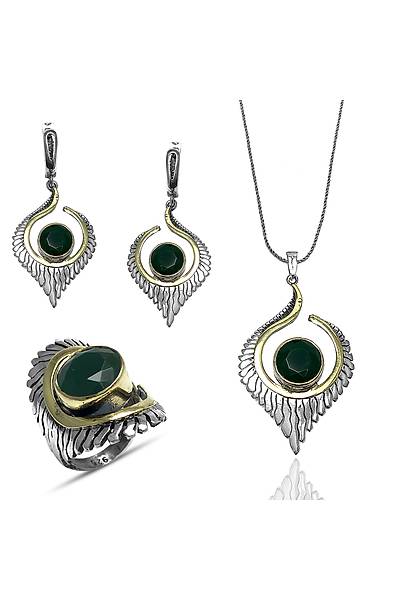 925 Ayar Gm zel Kra Tasarm Zmrt Tal El i Otantik l Set Stok Kodu:2019521