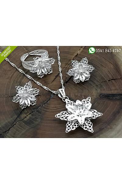 925 Ayar A�elya �i�ek Tasar�m El ��i Telkari G�m�� ��l� Set Stok Kodu:2018784