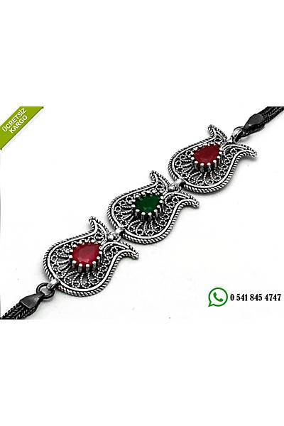 925 Ayar G�m�� Yakut Ve Z�mr�t Ta�l� Lale Tasar�m Oksitli Telkari Bayan Bileklik Stok Kodu: 20174646