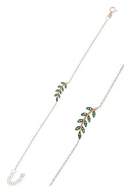 Kadın Gümüş & Rose Yaprak Modeli Yeşil Taşlı Bileklik Dgn20751