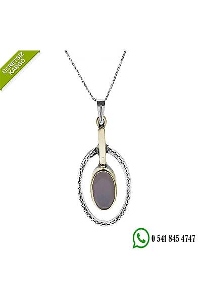 925 Ayar Gümüş Pembe Kuvars Taşlı Oval El İşi Tasarım Otantik Kolye Stok Kodu:20191056