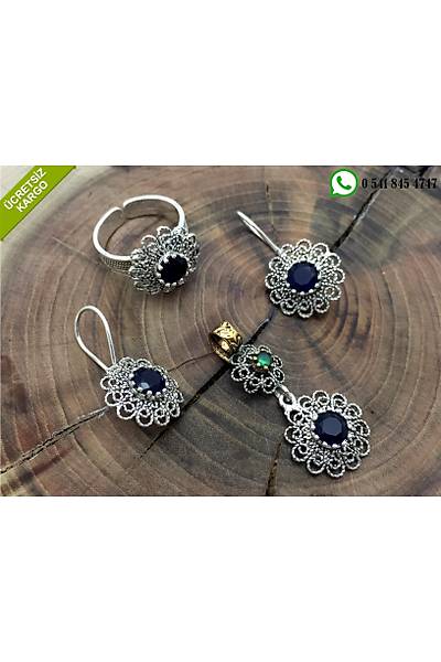 Safir Ve Zmrt Tal iek Model Oksitli Telkari Gm Bayan l Set Stok Kodu:20172587