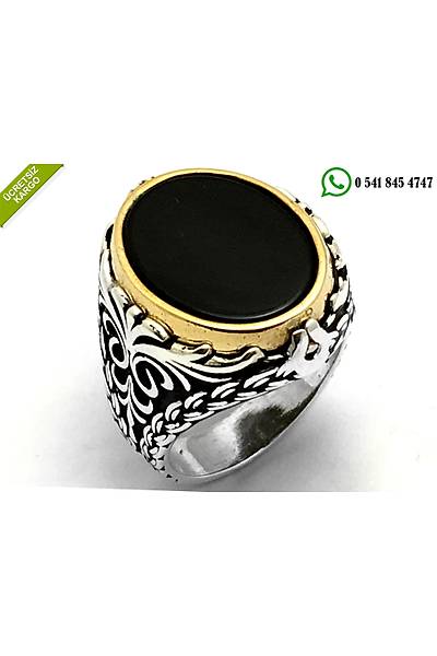 925 Ayar G�m�� �ift Tarafl� D�ner Siyah Mineli Elif Vav Harfli Oniks Ta�l� Erkek Y�z�k Stok Kodu:2018365