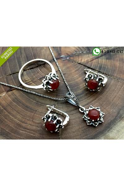 Akik Ve Markazit Tal iek Model 925 Ayar Gm Bayan l Set Stok Kodu:20173101