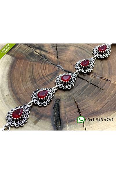 925 Ayar Yakut Ta�l� Damla Model Oksitli Telkari El ��i G�m�� Bayan Bileklik Stok Kodu:2018988