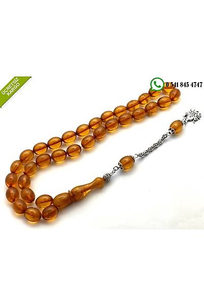 925 Ayar G�m�� Osmanl� Sanca�� P�sk�ll� Hareli S�kma Kehribar Tesbih Stok Kodu:201801