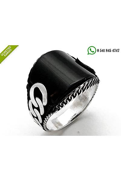 925 Ayar G�m�� Oniks Ta�l� �zel Tasar�ml� Erkek Y�z�k Stok Kodu:2018195