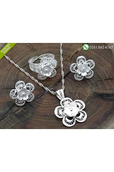 925 Ayar �i�ek Tasar�m El ��i Telkari G�m�� ��l� Set Stok Kodu:2018780