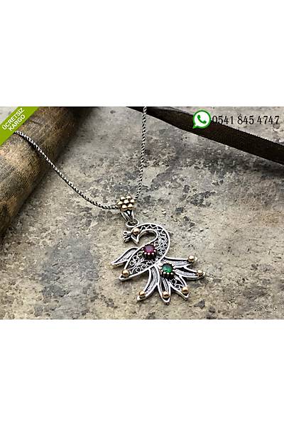925 Ayar Tavus Ku�u Tasar�m Oksitli Telkari El ���ili�i G�m�� Bayan Kolye Stok Kodu:2018966