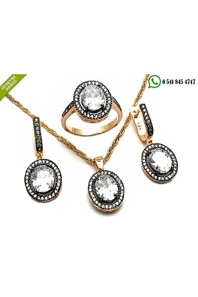 925 Ayar Gümüş Elmas Möntürlü Oval Model Üçlü Rose Zirkon Set Stok Kodu:2019311