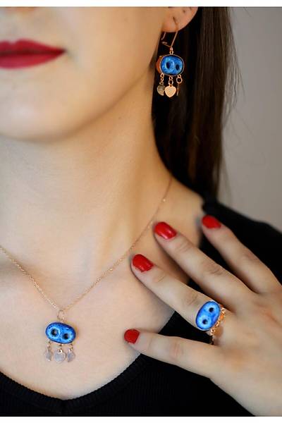 Kad�n Rose Kaplama S�ryani Nazarl�k Kolye K�pe Y�z�k Tak�m Dgn20171