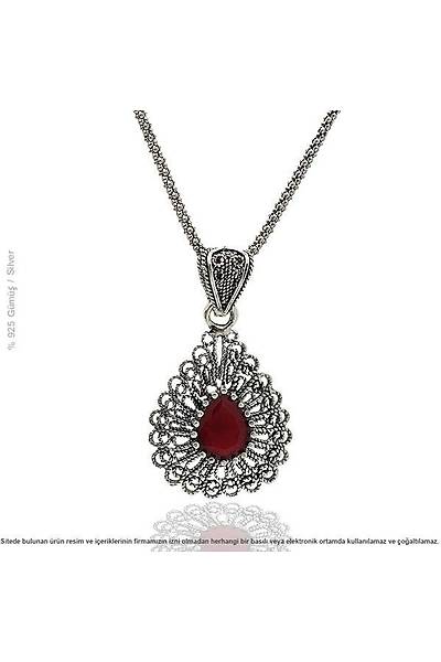 925 Ayar Damla Motifli Yakut Ta�l� Oksitli Telkari G�m�� Bayan ��l� Set Stok Kodu:20174138