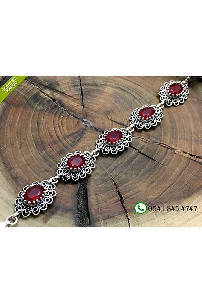 925 Ayar Yakut Ta�l� �i�ek Model Oksitli Telkari El ��i G�m�� Bayan Bileklik Stok Kodu:2018993