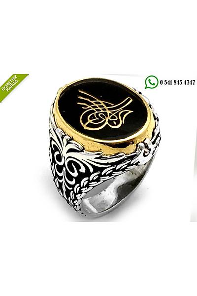 925 Ayar G�m�� �ift Tarafl� D�ner Siyah Mineli Osmanl� Tu�ral� Sedef Ta�l� Erkek Y�z�k Stok Kodu:2018369