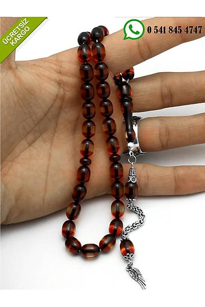 925 Ayar G�m�� P�sk�ll� Kaps�l Kesim S�rmeli Ate� Kehribar Tesbih Stok Kodu:2018350
