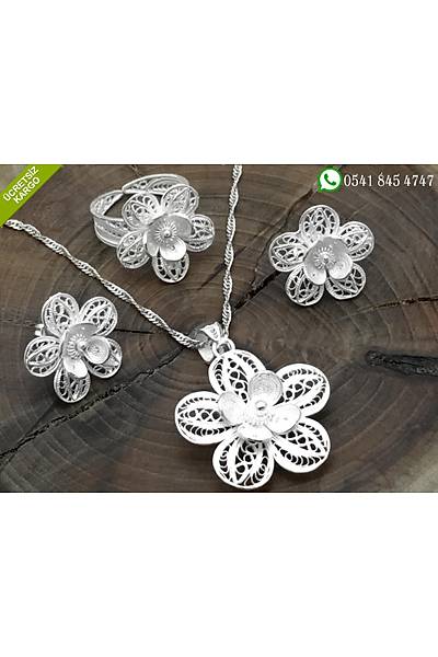 925 Ayar Lotus �i�ek Tasar�m El ��i Telkari G�m�� ��l� Set Stok Kodu:2018789