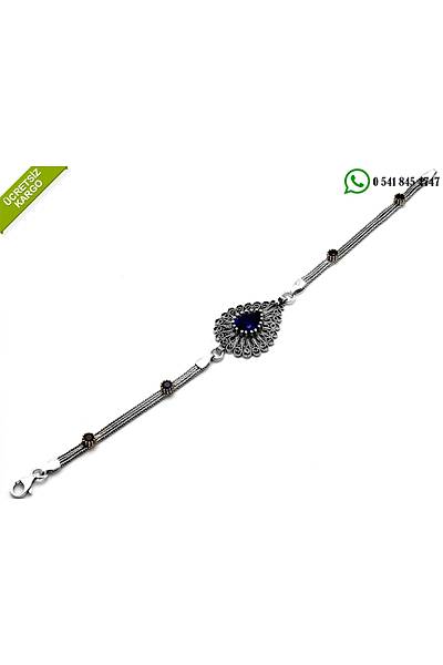 925 Ayar K�k Safir Ta�l� Damla Tasar�m Oksitli Telkari G�m�� Bileklik Stok Kodu: 2018584