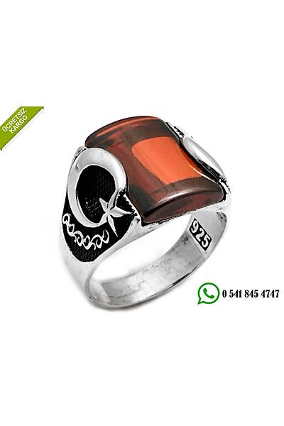925 Ayar Gümüş Lal Taşlı Ayyıldız Model Erkek Yüzük Stok Kodu:2018427