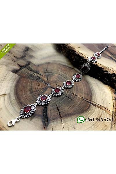 925 Ayar Yakut Ta�l� �i�ek Model Oksitli Telkari El ��i G�m�� Bayan Bileklik Stok Kodu:2018993