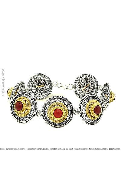 925 Ayar G�m�� Telkari Alt�n Kaplama Akik Ta�l� El ��i Bayan Bileklik Stok Kodu: 20173615