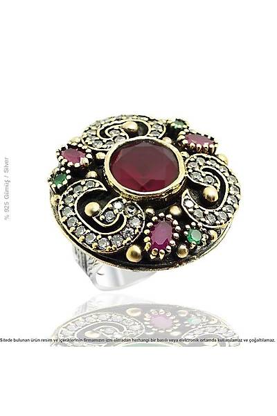 925 Ayar G�m�� Vav Temal� Yakut Ta�l� Otantik Bayan Y�z�k Yeni Stok Kodu:20173473