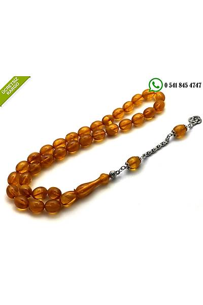 925 Ayar G�m�� P�sk�ll� Hareli S�kma Kehribar Tesbih Stok Kodu:201803