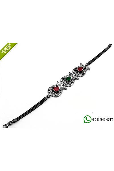 925 Ayar G�m�� Yakut Ve Z�mr�t Ta�l� Lale Tasar�m Oksitli Telkari Bayan Bileklik Stok Kodu: 20174646