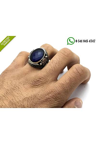 925 Ayar Safir Ta�l� �zel Osmanl� Sanca�� Tasar�ml� G�m�� Erkek Y�z�k Stok Kodu:2018284