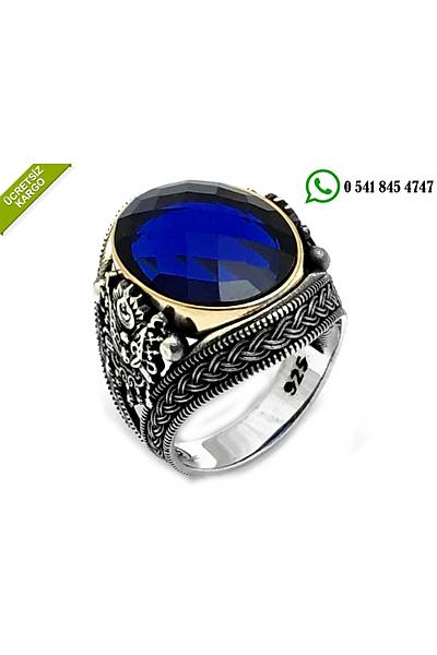 925 Ayar Safir Ta�l� �zel Osmanl� Sanca�� Tasar�ml� G�m�� Erkek Y�z�k Stok Kodu:2018284