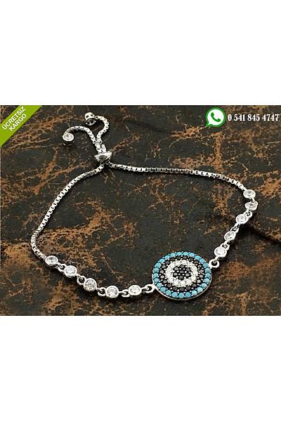 925 Ayar G�m�� Nazar Boncu�u Tasar�ml� Ayarlanabilir Bayan Bileklik Stok Kodu:201845