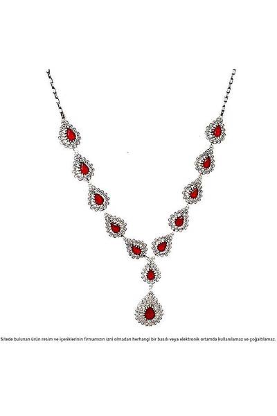925 Ayar Damla Motifli Yakut Ta�l� Oksitli Telkari G�m�� Bayan ��l� Set Stok Kodu:20174141