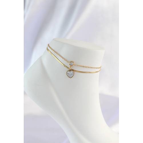 316L elik Gold Renk Zirkon Tal Kalp Tasarml 2li Halhal