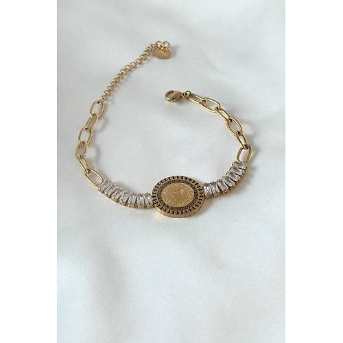 316L elik Gold Renk Tam Altn Modelli Zirkon Tal Kadn Bileklik