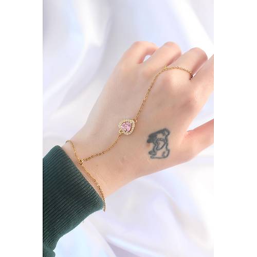 316L elik Gold Renk Pembe Zirkon Tal Kalp Model ahmeran