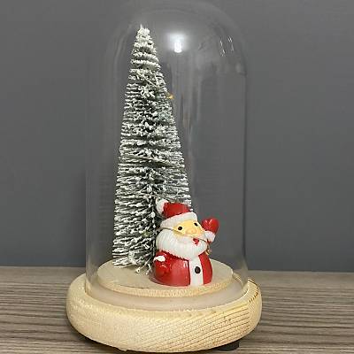 Noel Babalı Karlı Çam Ağacı Dekorlu Led Işıklı Cam Fanus