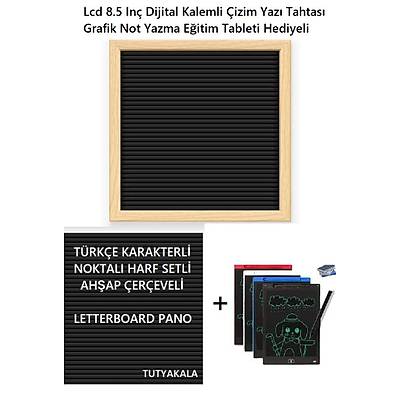 8.5 LCD Çizim Tableti Hediyeli Türkçe İngilizce Tak Çıkar Harfli Ahşap Çerçeveli Letterboard Pano