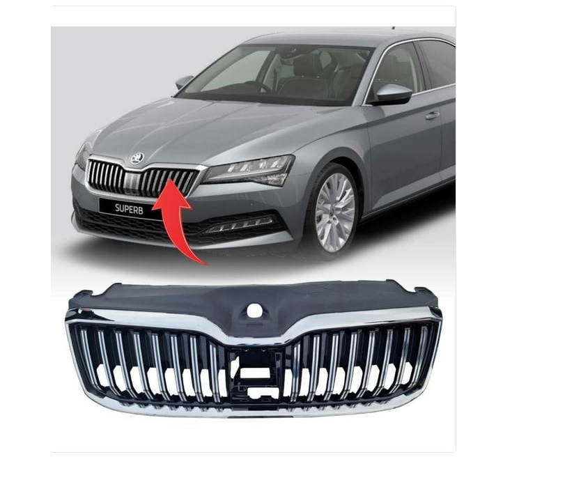 SKODA SUPER B 2019->  ÖN PANJUR KROM CERCEVE KROM CIZGILI PARLAK SIYAH UST PLASTIK ILE BIRLIKTE