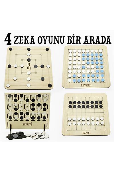 4 Bir Arada Zeka Oyunu Seti - 9 Ta, Dama, Reversi, Hedef 4