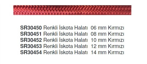 RENKLİ İSKOTA HALATI 06 MM KIRMIZI (1 MT=29 GR) ( Metre fiyatıdır)